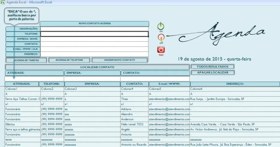 Cadastro de contatos e agenda Excel