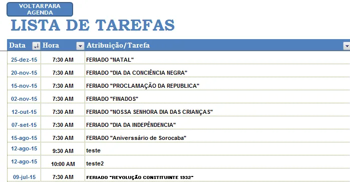 Cadastro de contatos e agenda Excel