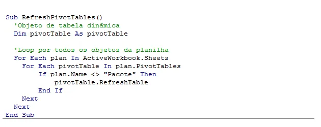 Atualizar todas as tabelas dinâmicas Excel