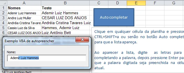 Auto completar em Excel VBA