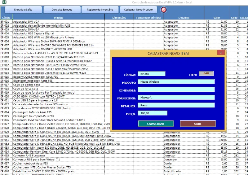Controle de estoque Excel VBA 2.0 - Cadastro de produtos