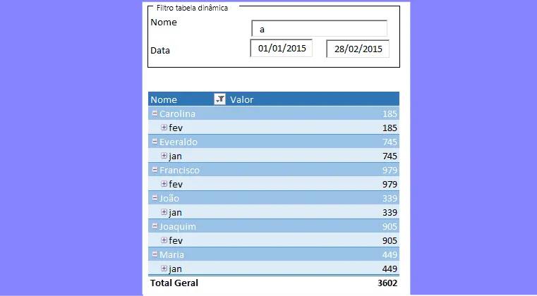 Filtro automático em tabela dinâmica Excel