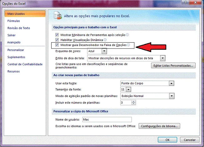 Habilitar guia desenvolvedor Excel 2007