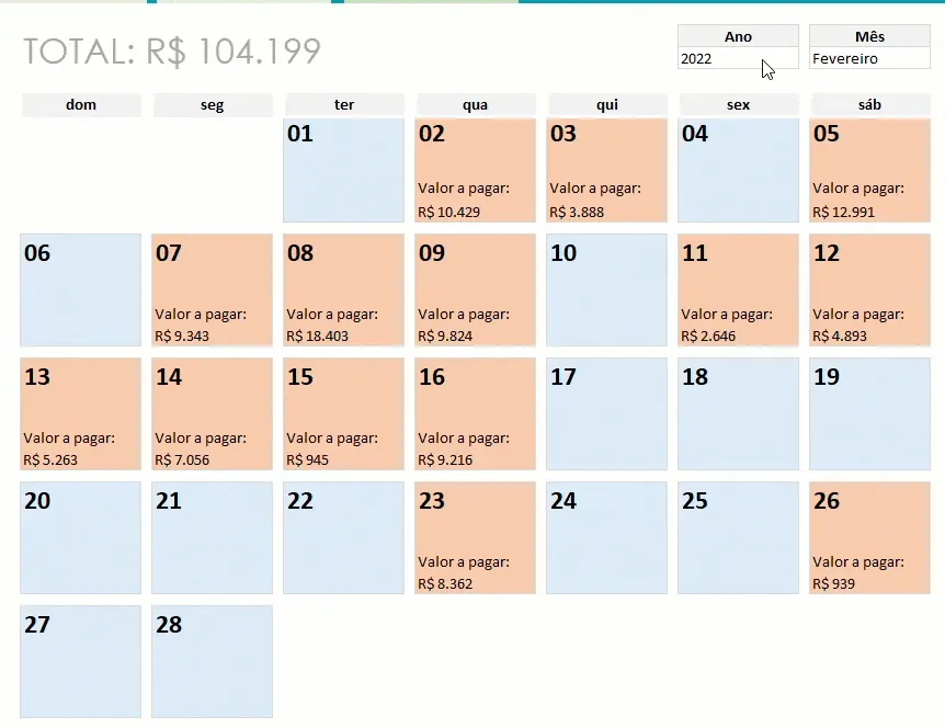Planilha grafico calendario contas a pagar