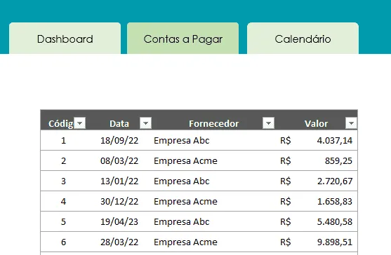 Planilha grafico calendario contas a pagar Excel