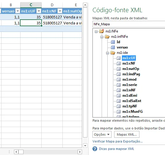 Planilha NF-e XML 6 - mapa xml excel