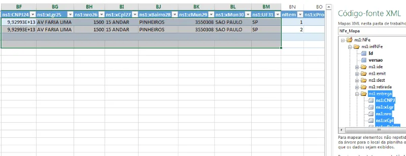 Planilha NF-e XML 7 - mapa xml excel
