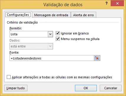 Validação de dados Excel lista