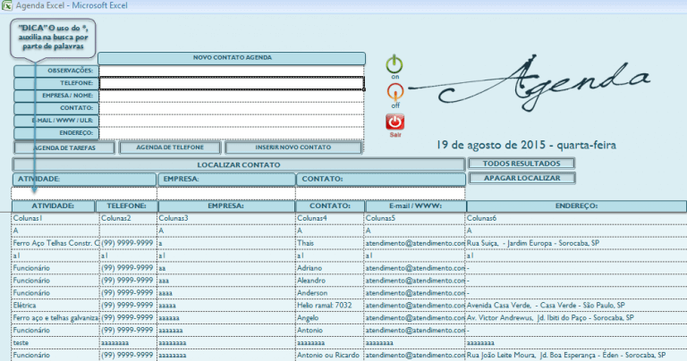 Planilha De Cadastro De Contatos E Agenda Excel