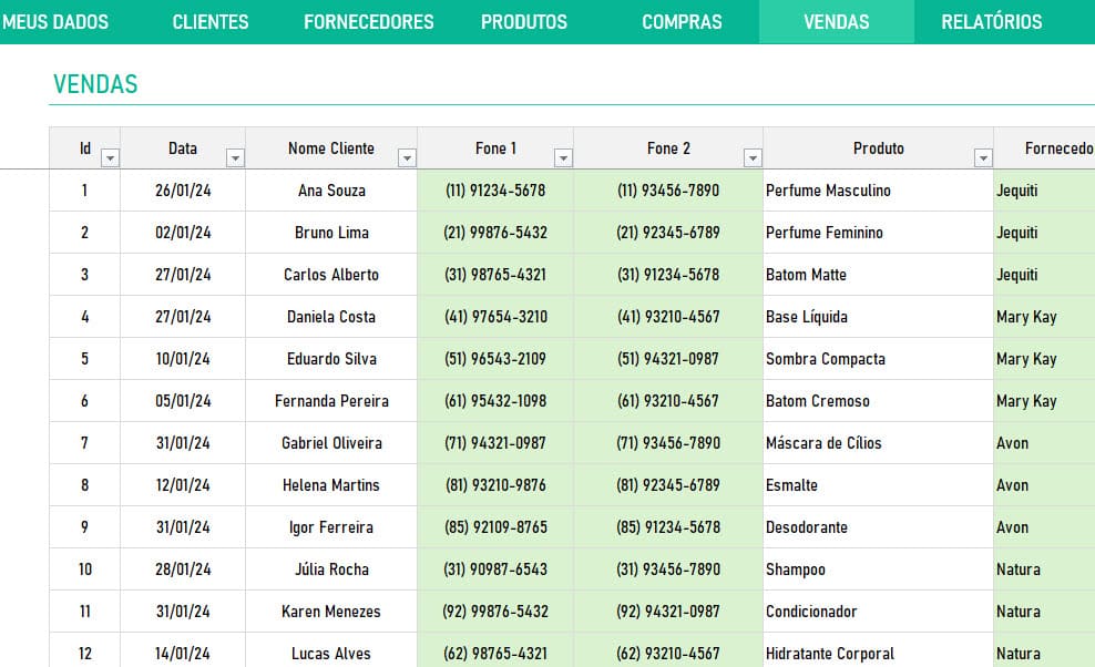 Cadastro de Vendas da planilha de controle de vendas de cosmeticos jequiti avon hinode