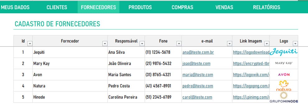 Cadastro de fornecedores da planilha de controle de vendas de cosmeticos jequiti avon hinode