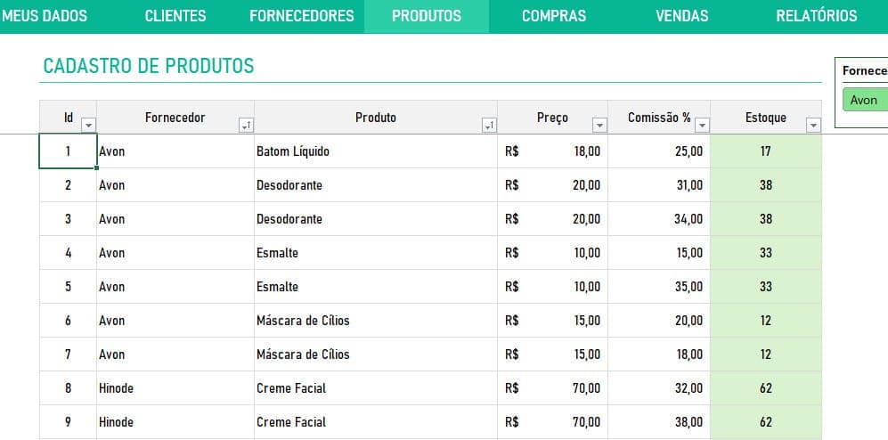 Cadastro de produtos da planilha de controle de vendas de cosmeticos jequiti avon hinode