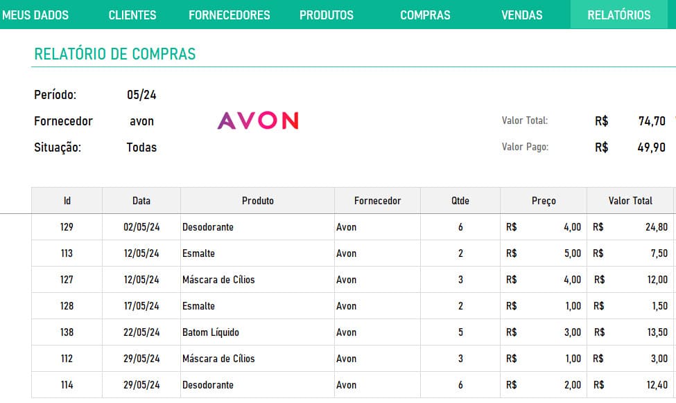 Relatório de Compras da planilha de controle de vendas de cosmeticos jequiti avon hinode