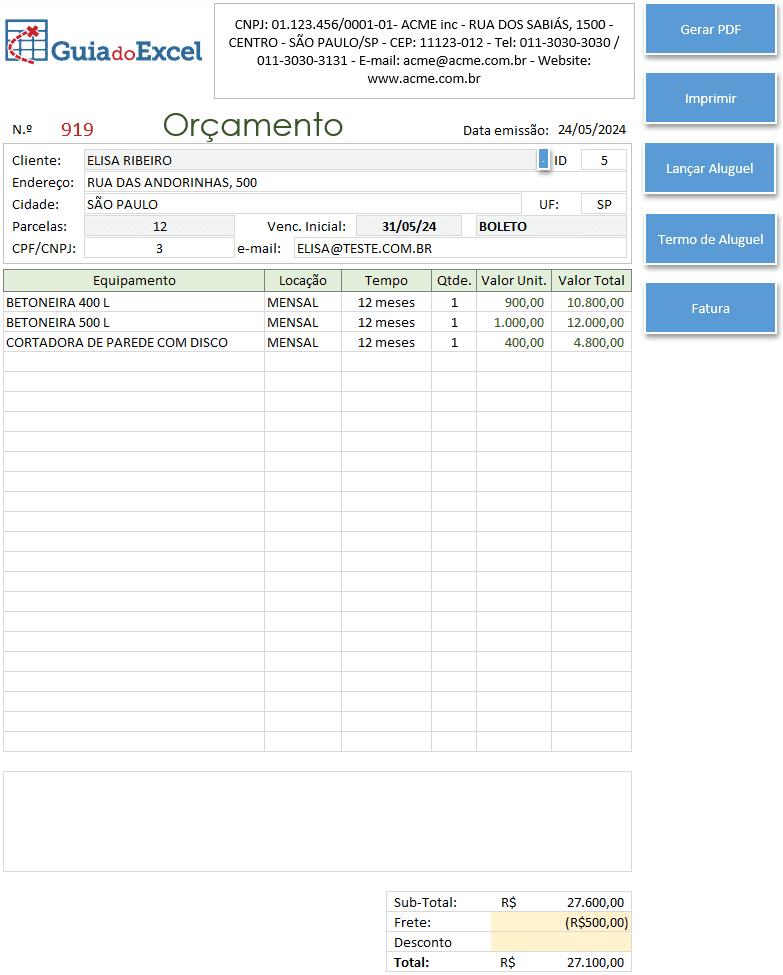 Planilha de Locação de Equipamentos Excel 2