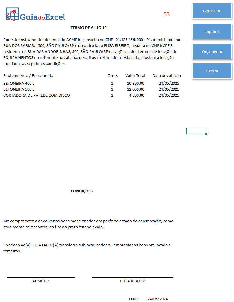 Planilha de Locação de Equipamentos Excel 3