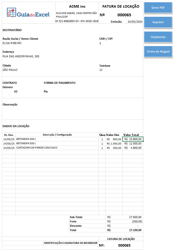 Planilha de Locação de Equipamentos Excel 4