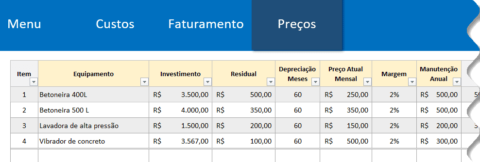 Planilha de Cálculo de preços de Locação de Equipamentos Excel 3