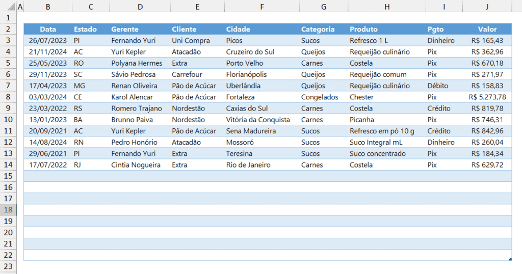 tabela com linhas em branco no excel