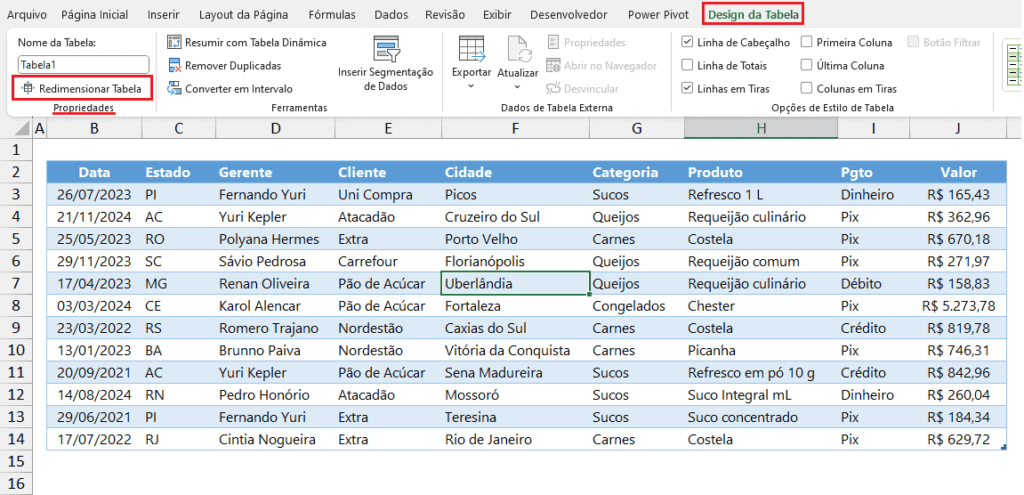 redimensionar tabela design de tabela excel