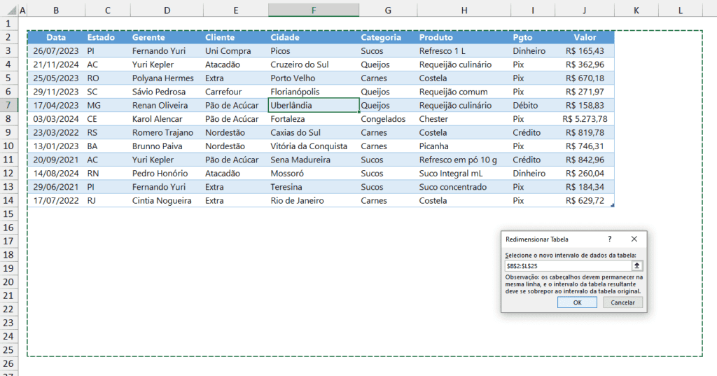 aumentar tabela excel