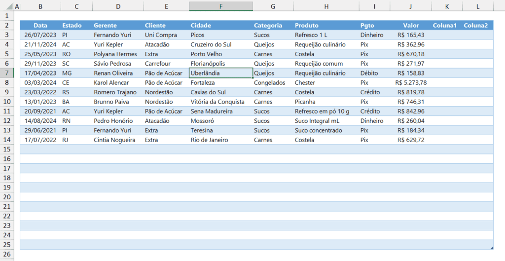 tabela com linhas em branco no excel