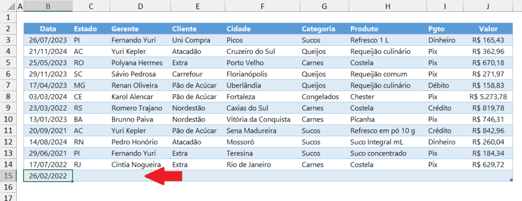 adicionando linhas em uma tabela excel