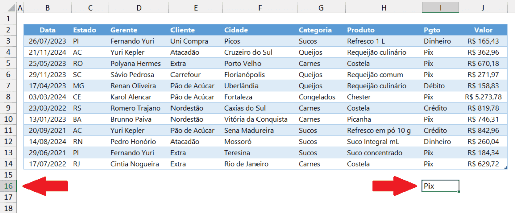 linhas abaixo da tabela excel não são inseridas