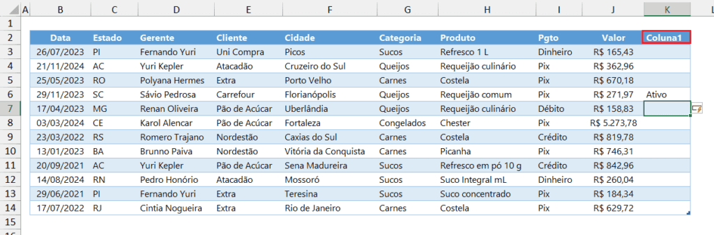 digitar na coluna ao lado da tabela adiciona uma coluna