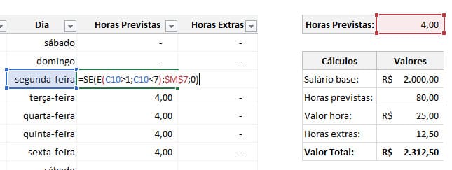 horas de trabalho previstas excel