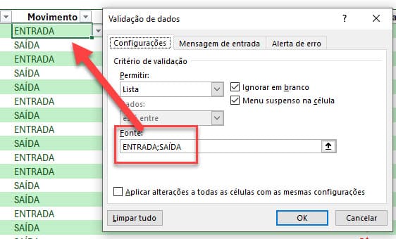 listas dependentes entrada saída fluxo de caixa