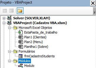 arvore de elementos vba vbe excel