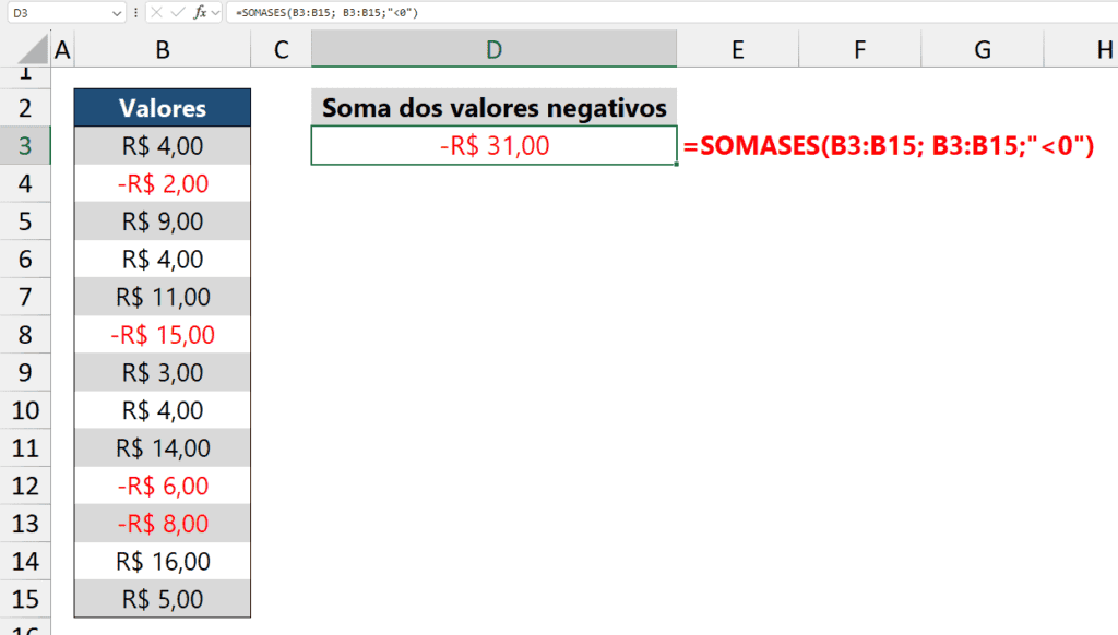 Somar Negativos no Excel 2