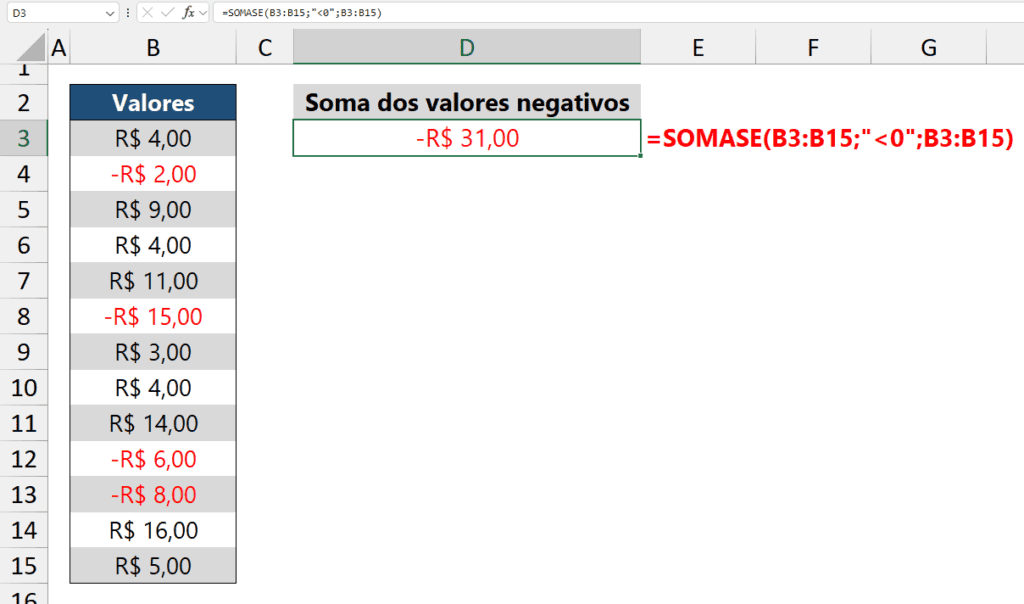 Somar Negativos no Excel 3