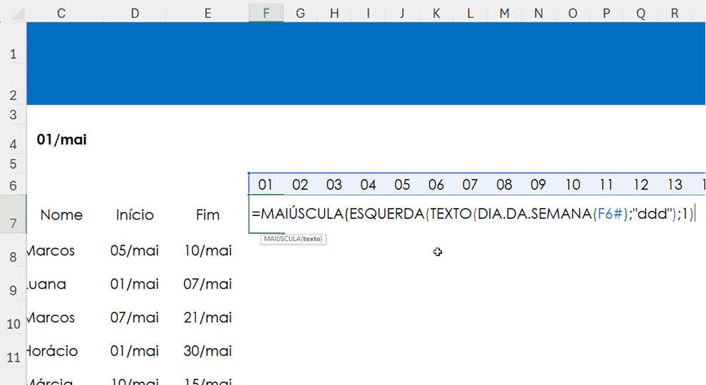 preencher dia da semana excel formatar dia da semana