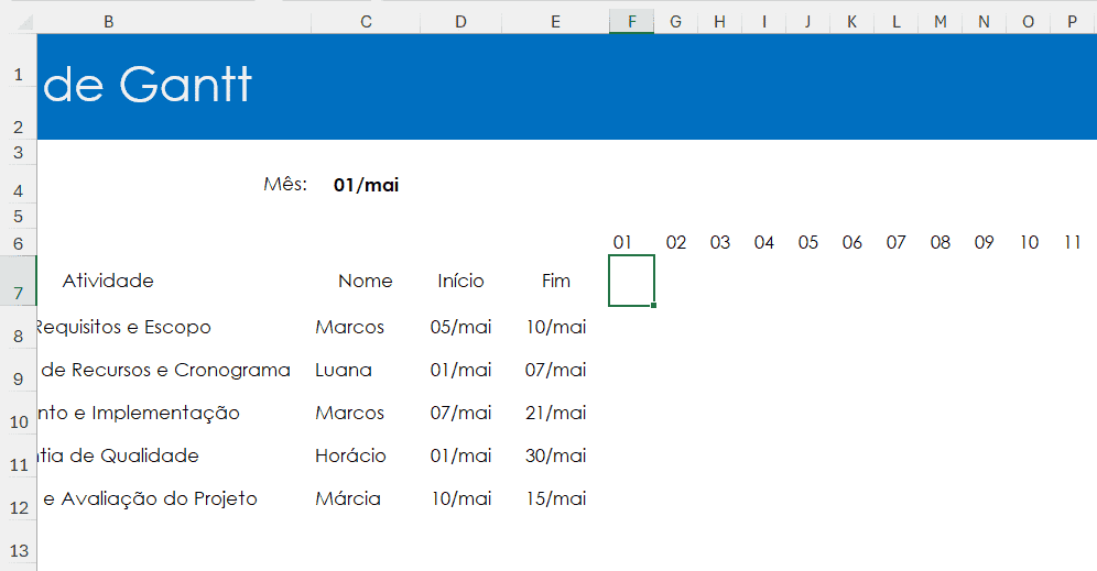 dias do mês no gantt excel