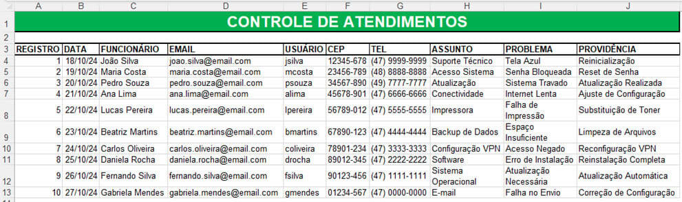 planilha de controle de atendimentos