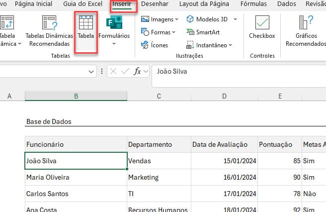 tabela de dados Excel