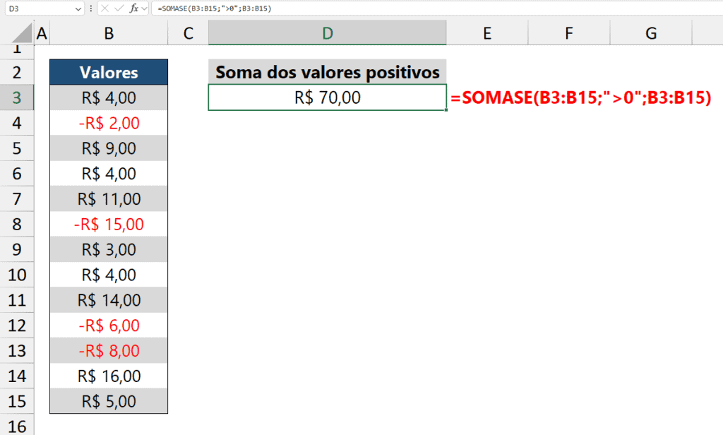 somar somente positivos excel